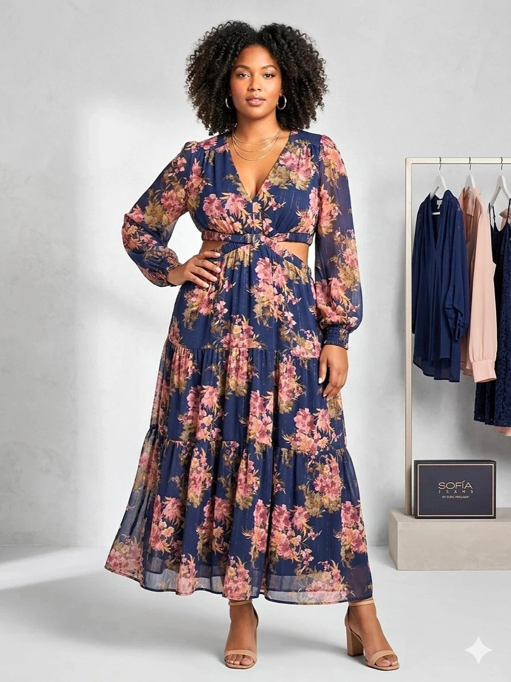 Sofia Jeans by Sofia Vergara Women's Cutout Maxi Dress with Long Sleeves